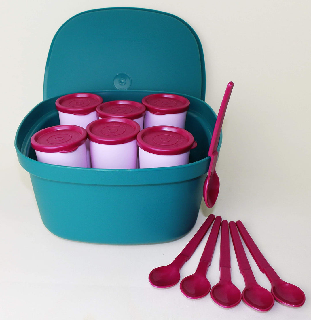 TUPPERWARE Siebservierer Joghurtbereiter Petrol mit 6 Joghurtbecher und 6 Hängelöffel + 80ml Becher