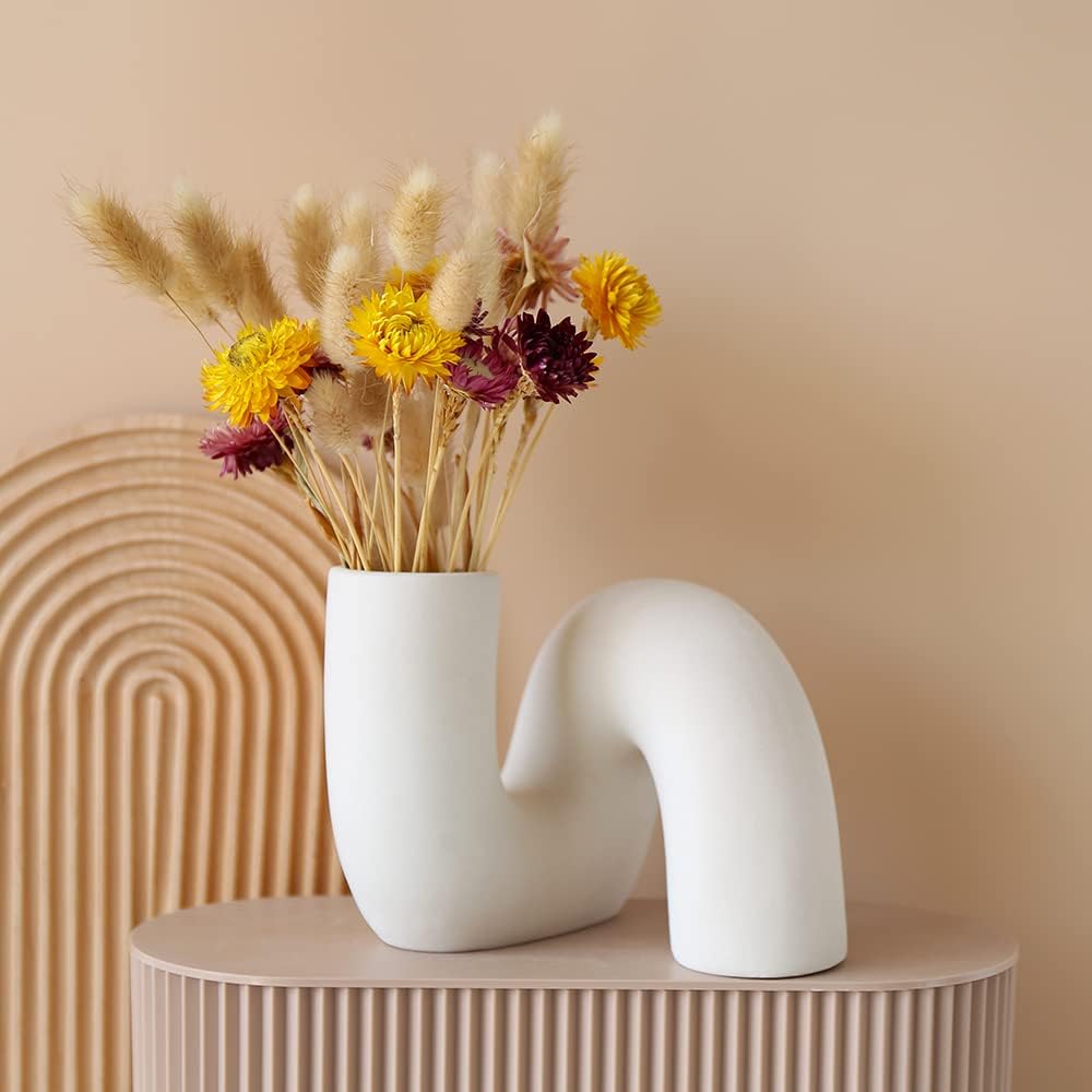 PhiDor Weisse gedrehte Keramik-Blumenvase zur Dekoration, Moderne, minimalistische Abstraktionsvasen