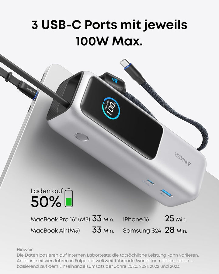Anker 165W 25000mAh Laptop Powerbank, Ladegerät mit 70cm ausziehbarem Kabel & Trageband, 3USB-C Port