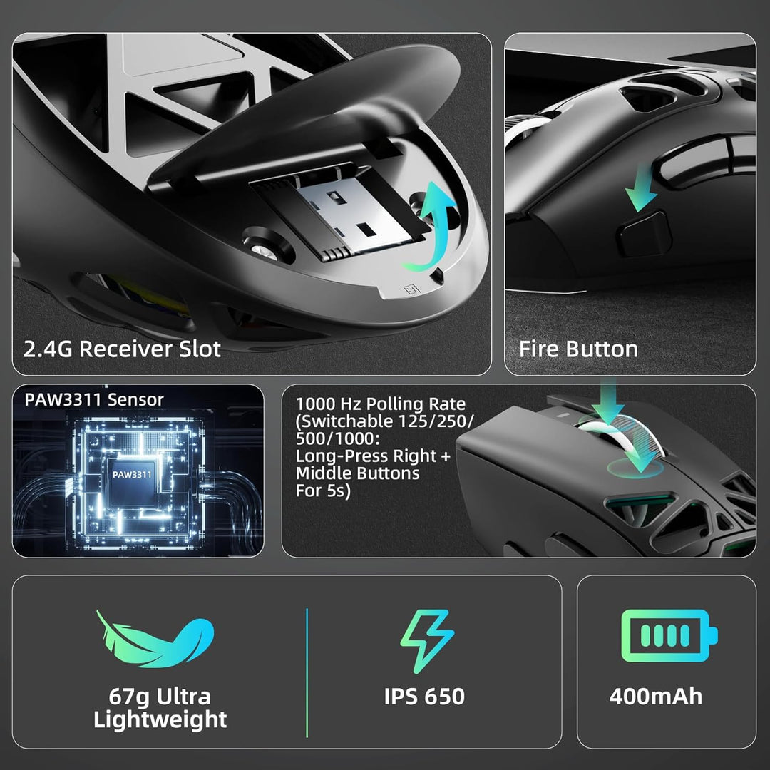 AULA SC620 Kabellose Gaming Maus,BT5.0/2.4G/USB-C,mit PixArt PAW3311-Sensor,12000DPI,8KHz,Feuertaste