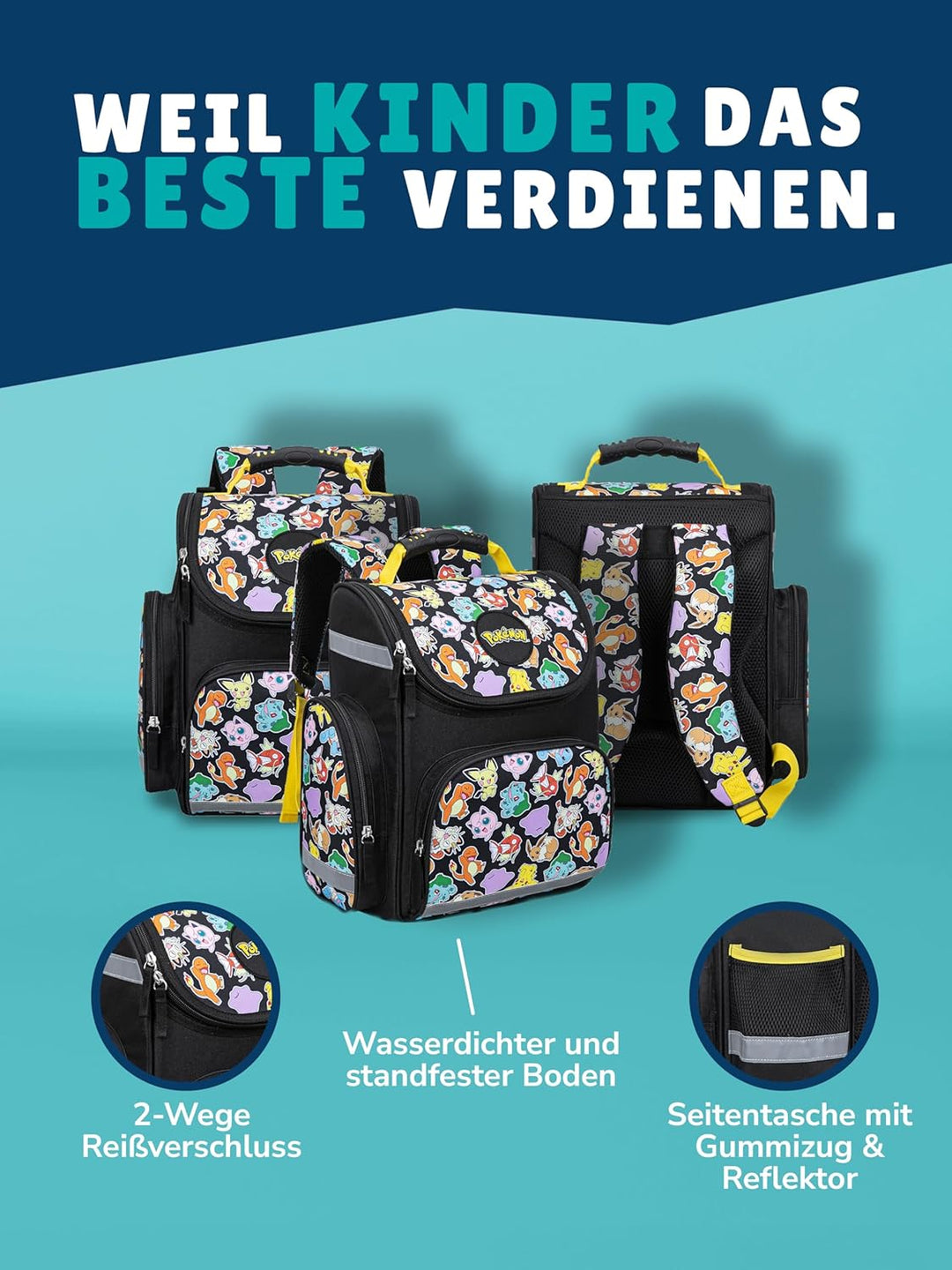 Familando - Schulranzen Set - 9-teilig mit Lunch-Set - Pokémon (Pikachu Motiv) - Ergonomisch, stabil