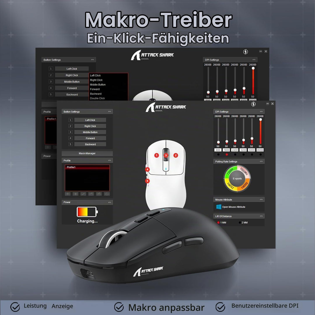 ATTACK SHARK X6 49g SUPERLIGHT Maus mit magnetischer Ladestation, PixArt PAW3395 Gaming-Sensor, BT/2