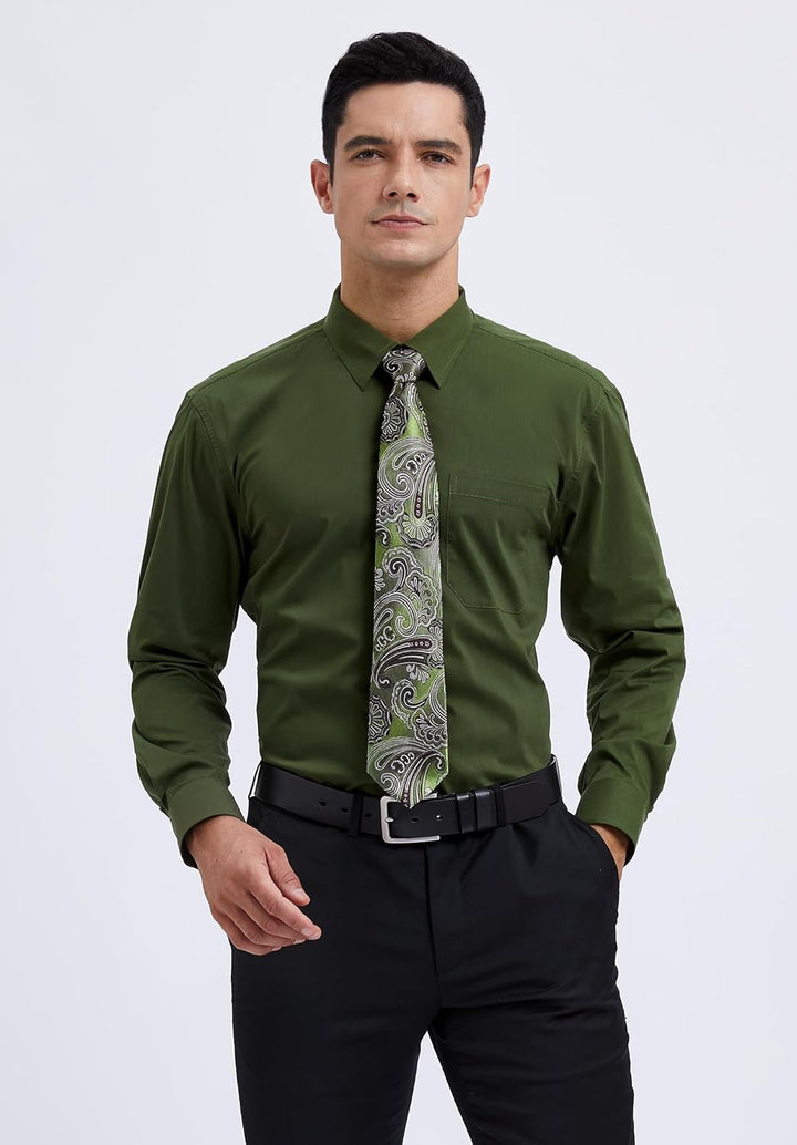 HISDERN Herren Hemd Langarm Einfarbige Hemden mit Krawatte und Taschentuch Formelle Businesshemd Hoc