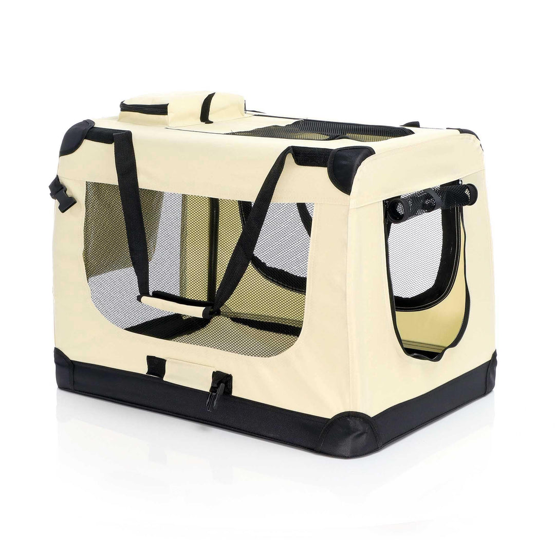 Fudajo Faltbare Transportbox in Beige für Haustiere, Grösse XL (80x58x56cm), Tragegriff, Liegedecke