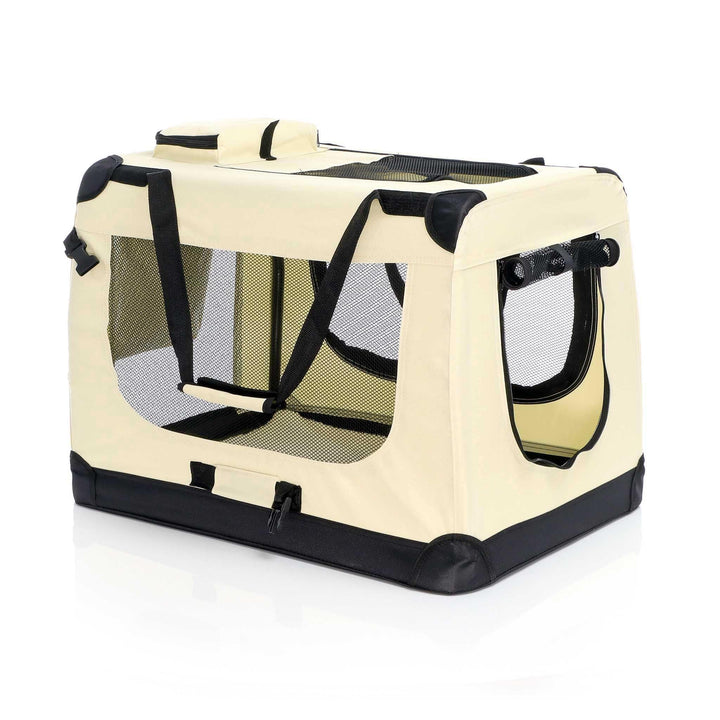 Fudajo Faltbare Transportbox in Beige für Haustiere, Grösse XL (80x58x56cm), Tragegriff, Liegedecke