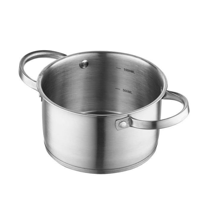 FLORINA Topf aus Edelstahl (1,2 l) 14 cm I Kochtopf mit Glasdeckel I Mit Messbecher und genieteten G