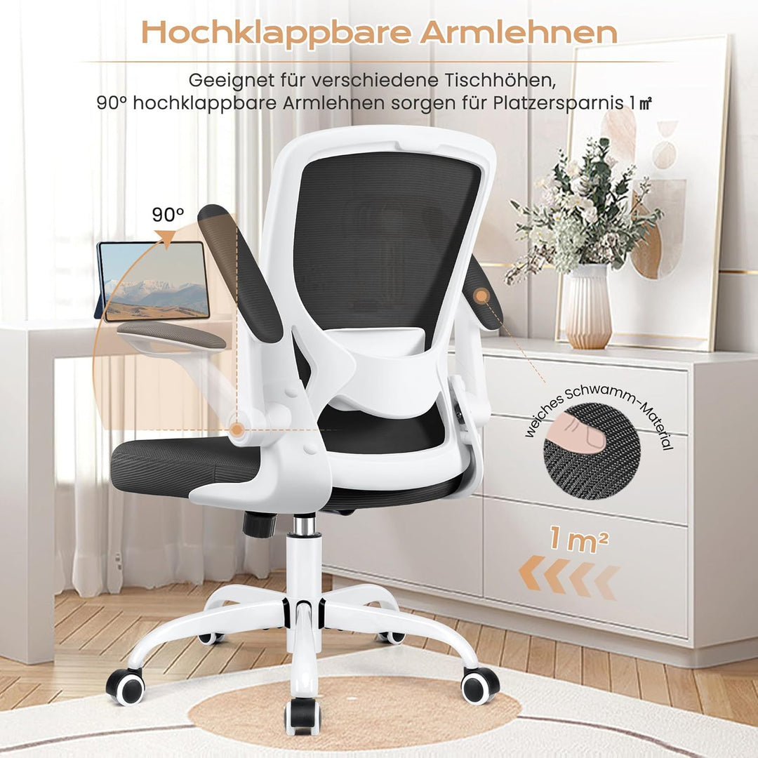 KERDOM Bürostuhl, Ergonomischer Schreibtischstuhl mit Klappbaren Armlehnen, 360° Drehstuhl Mesh Comp