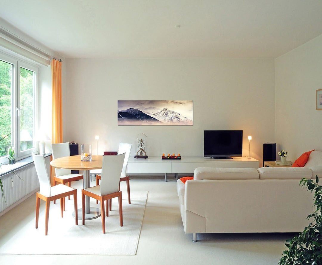Paul Sinus Art Panoramabild auf Leinwand und Keilrahmen 150x50cm Berge Bäume Nebel Schnee Dämmerung
