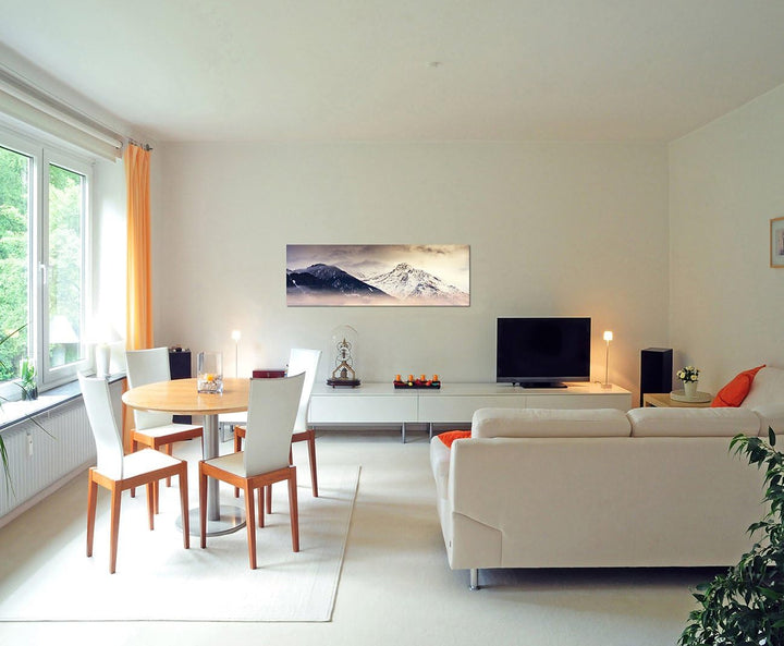 Paul Sinus Art Panoramabild auf Leinwand und Keilrahmen 150x50cm Berge Bäume Nebel Schnee Dämmerung