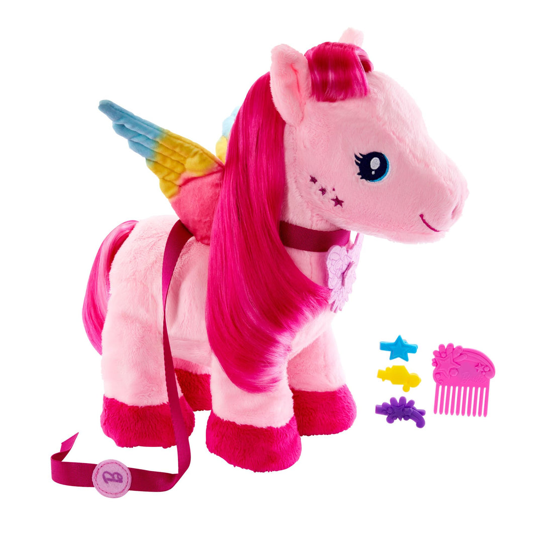 BARBIE Touch of Magic - Gehender und flatternder Plüschpegasus mit Leine, Schmetterlingstaste zum Ab