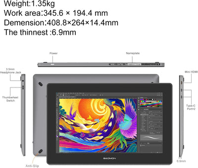 GAOMON PD1620 Grafiktablett - 15,6 Zoll 3840 x 2160 4K IPS Stift-Display für CG Zeichnen/Malen