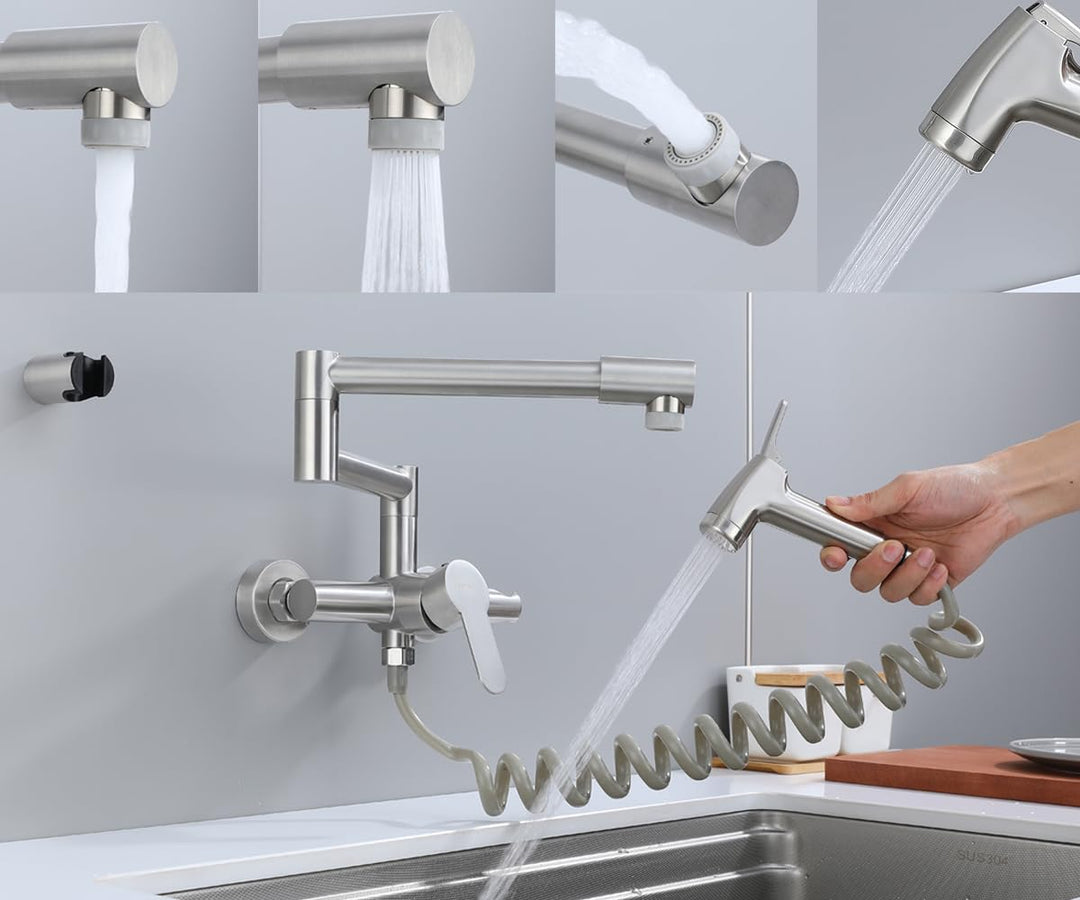 Faltbar Küchenarmatur，Wasserhahn Küche Wandmontage, Spültischarmatur, mit 360° gefaltetem Drehrohr,