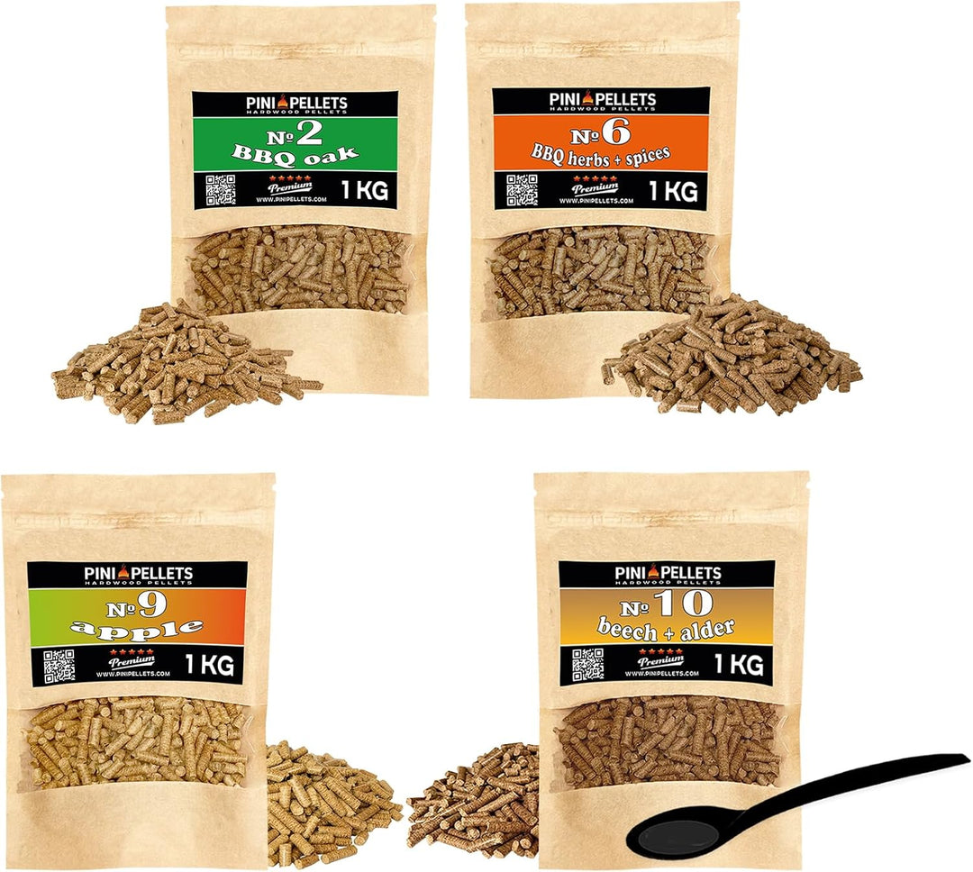PINI Naturholzpellets Set 4X 1 kg für BBQ und Grillen Auswahl aus 4 Sorten - Eichenpellets Nr 2, BBQ