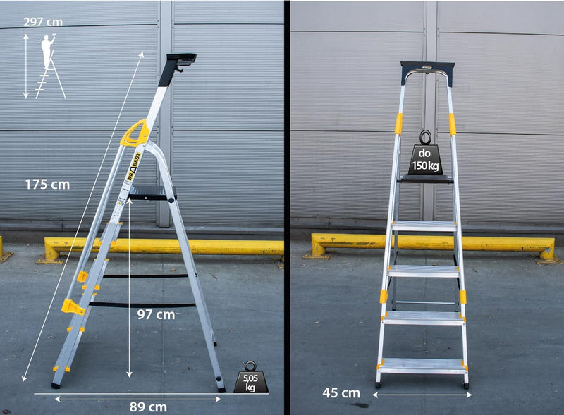 DRABEST Leiter PRO Serie Leiter Klappbar mit Sicherheits Handläufen Alu Klaptritt 5 Stufen Trittleit