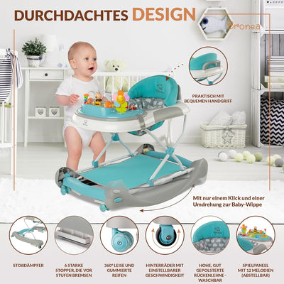 BRONEA® 4-in-1 Gehfrei Babywalker ab 6 Monate | Lauflernwagen Schaukelfunktion und Spielpaneel mit M