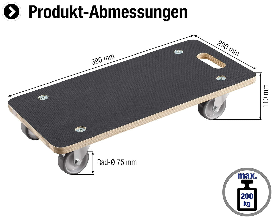 Metafranc Transportroller 590 x 290 mm - 200 kg Tragkraft - Siebdruckplatte - PU-Räder / Möbelroller
