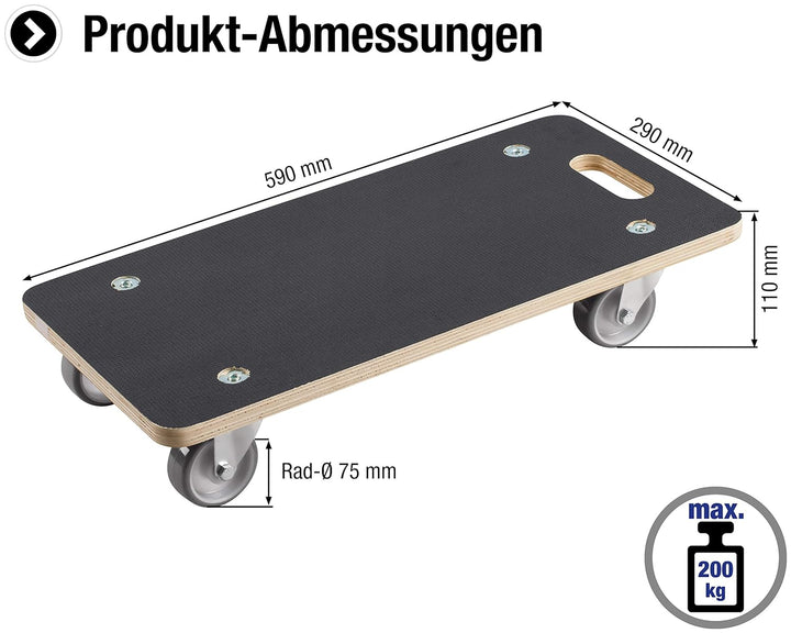 Metafranc Transportroller 590 x 290 mm - 200 kg Tragkraft - Siebdruckplatte - PU-Räder / Möbelroller