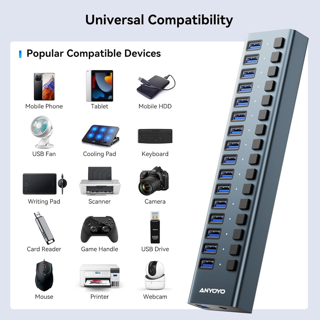 Powered USB Hub - 16 Ports 90W USB 3.0 Data Hub - mit Individuellen EIN-/Ausschaltern und 12V/7.5A N