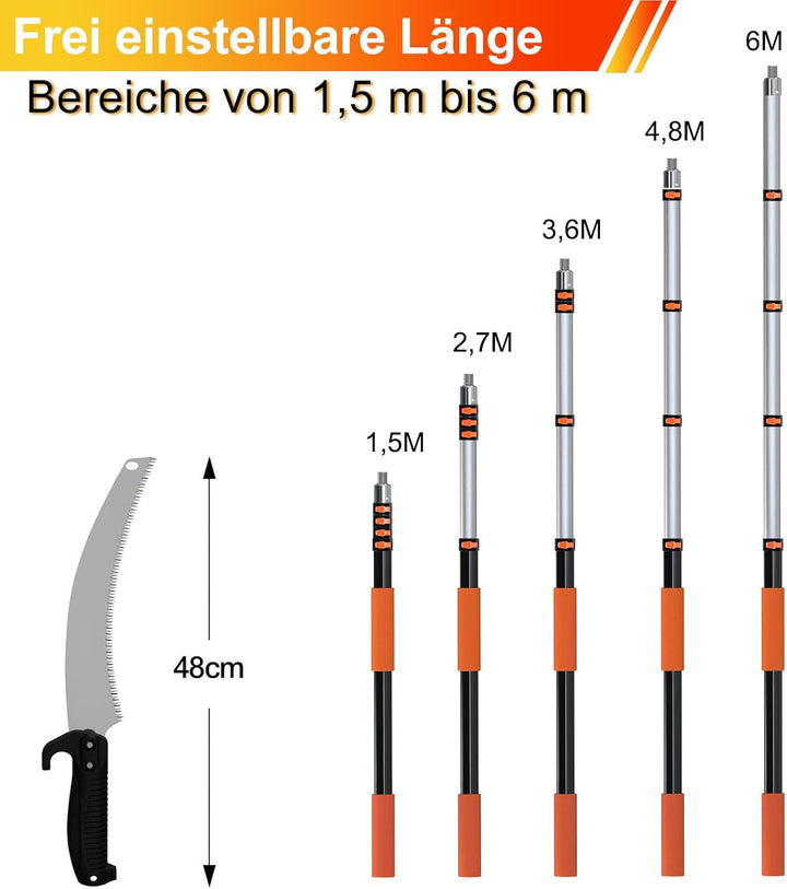 6m Astsäge Teleskop für Baumbeschneidung, Säge mit 1,5-6m Teleskopstange Manuelle hochentaster, Baum