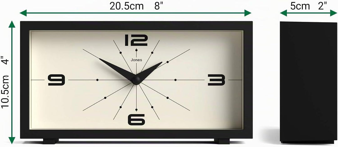 JONES CLOCKS® Schreibtischuhr 'Odeon' – modernes rechteckiges Design in Schwarz, stilvoller Retro-Lo