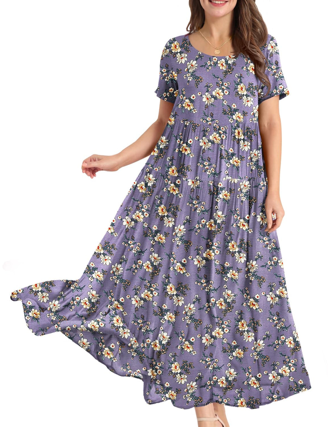 YESNO Damen Kleider Freizeit Lose Sommerkleid Lang Boho Maxikleid für Rundhals Strandkleid Blumenkle