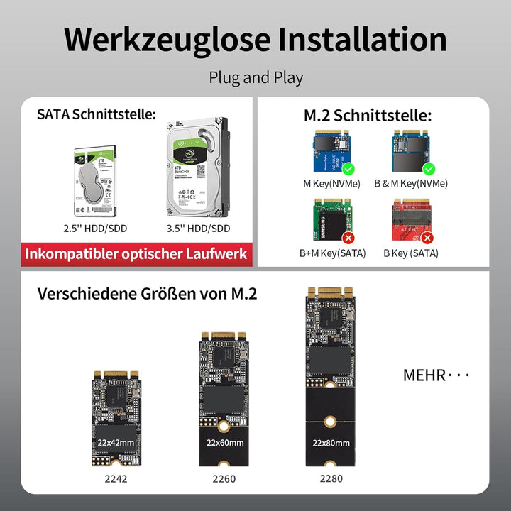 Unitek M.2 SATA Festplattengehäuse Adapter - 2 in 1Tragbarer M.2 Nvme Gehäuse SSD Type C Externes Fe