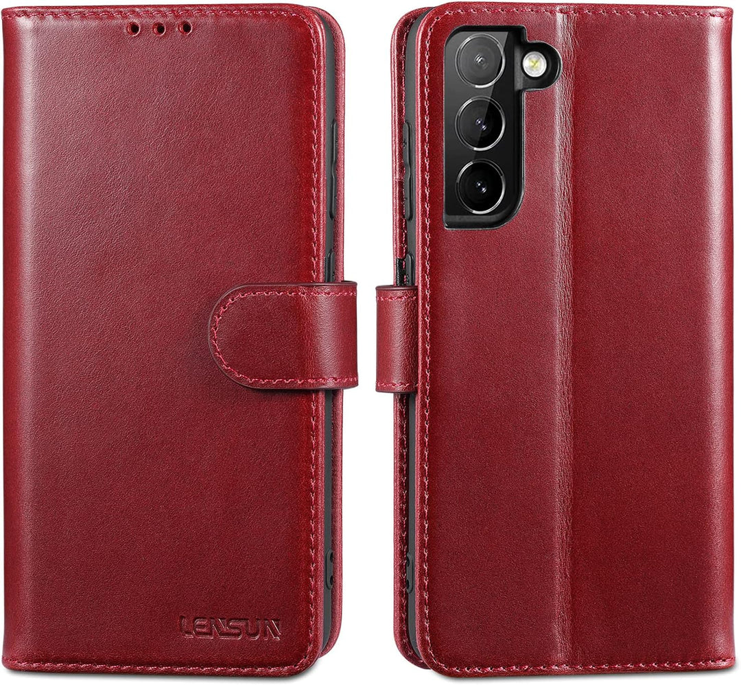 LENSUN Echtleder Hülle für Samsung Galaxy S21 FE, Handyhülle [Premium Echtes Leder] [Kartenfach] [RF
