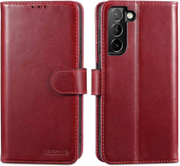 LENSUN Echtleder Hülle für Samsung Galaxy S21 FE, Handyhülle [Premium Echtes Leder] [Kartenfach] [RF