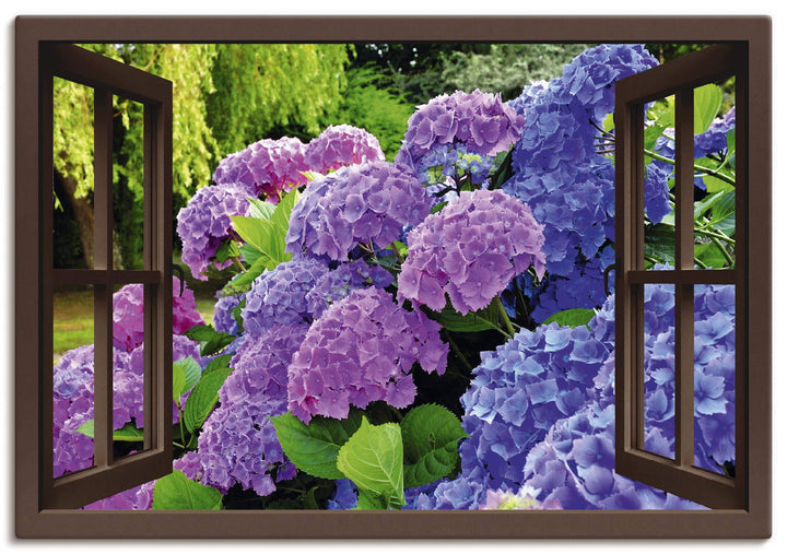 ARTland Leinwandbilder Wandbild Bild auf Leinwand 70x50 cm Fensterblick Hortensien im Garten T5QA Ho