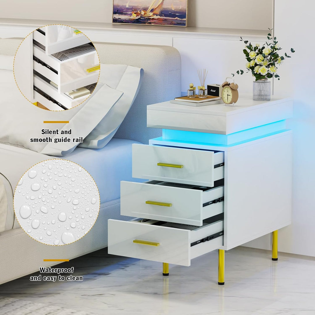PIPIPOXER 2er Set Nachttisch mit LED, Nachttisch mit Steckdose & USB, Nachtkommode mit 3 Schubladen