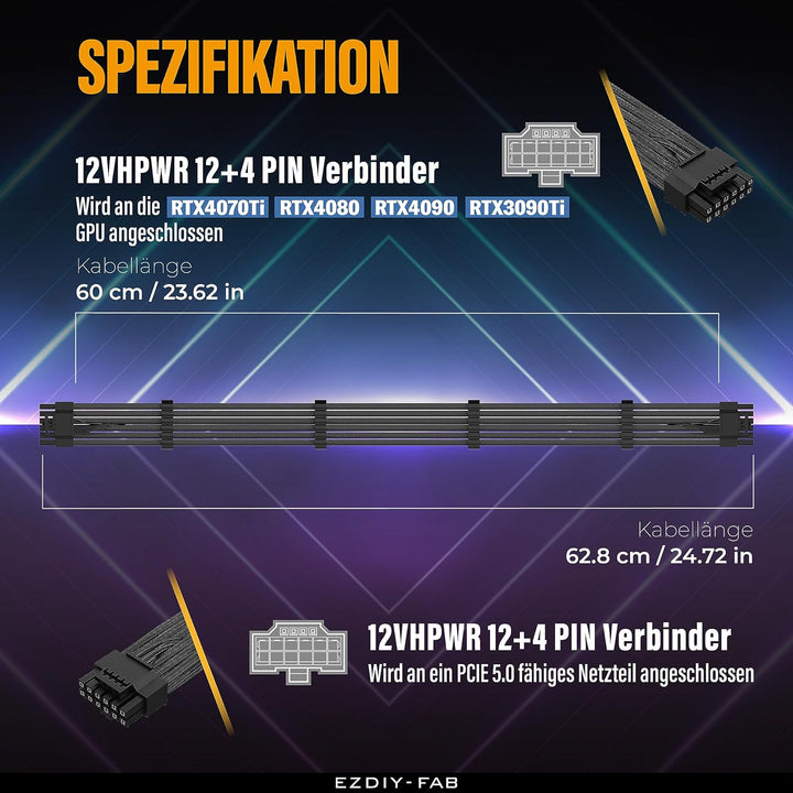 EZDIY-FAB 16AWG PCI-e 5.0 12VHPWR PSU Sleeved Kabel,600W 12+4 Pin Stecker auf 12+4 Pin Stecker Kabel