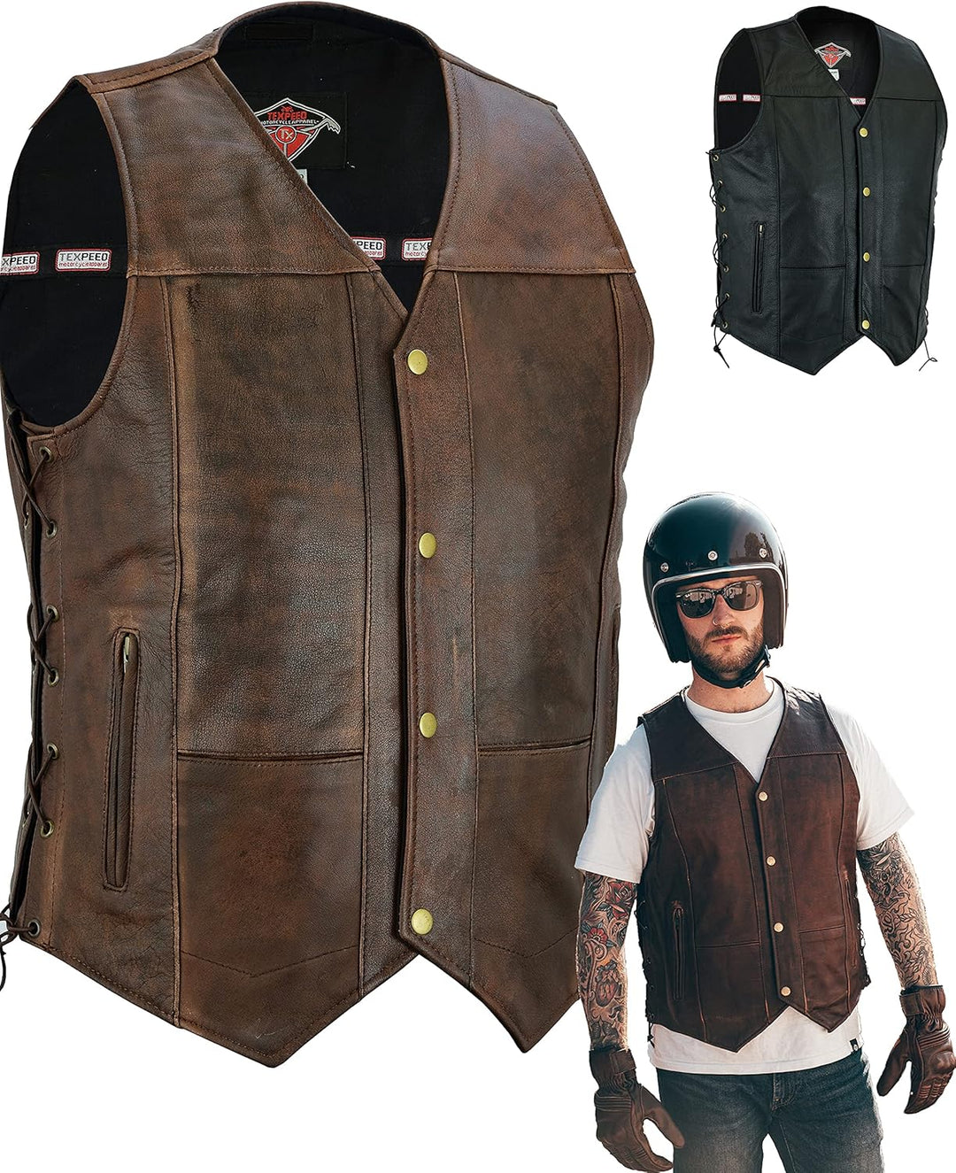 Texpeed motorrad leder weste herren - Chopper biker rocker lederweste - Reissverschlusstaschen mit g