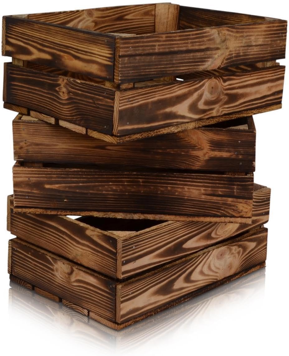 3 Set Holzkiste im Vintage Look geflammt dunkel 38x28x15cm - Obstkiste 38x28x15cm Dunkel Geflammt 3,