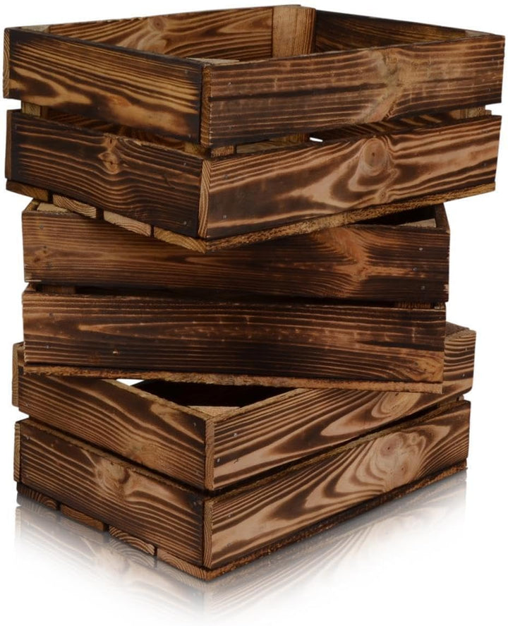 3 Set Holzkiste im Vintage Look geflammt dunkel 38x28x15cm - Obstkiste 38x28x15cm Dunkel Geflammt 3,