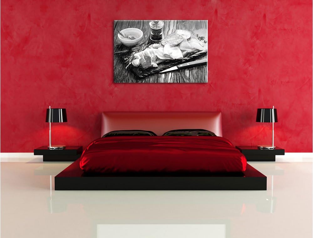 Pixxprint Antipasti verschiedener Wurstsorten Kunst Kohle Effekt, Format: 100x70 auf Leinwand, XXL r