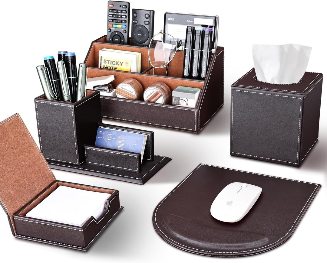 KINGFOM Büro Zubehör Set Braun, 5Pcs PU Leder Schreibtisch Set mit Schreibtisch Organizer, Kosmetikt