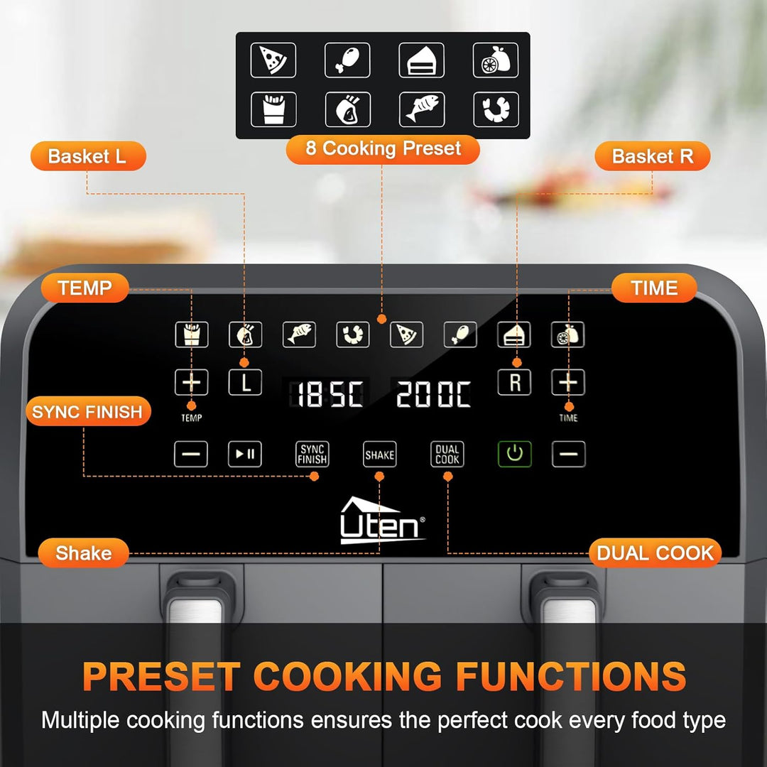 Uten Doppel Heissluftfritteuse, 8L Heissluftfritteuse Dual Zone, XXL Airfryer mit 2 Kammern, Silikon