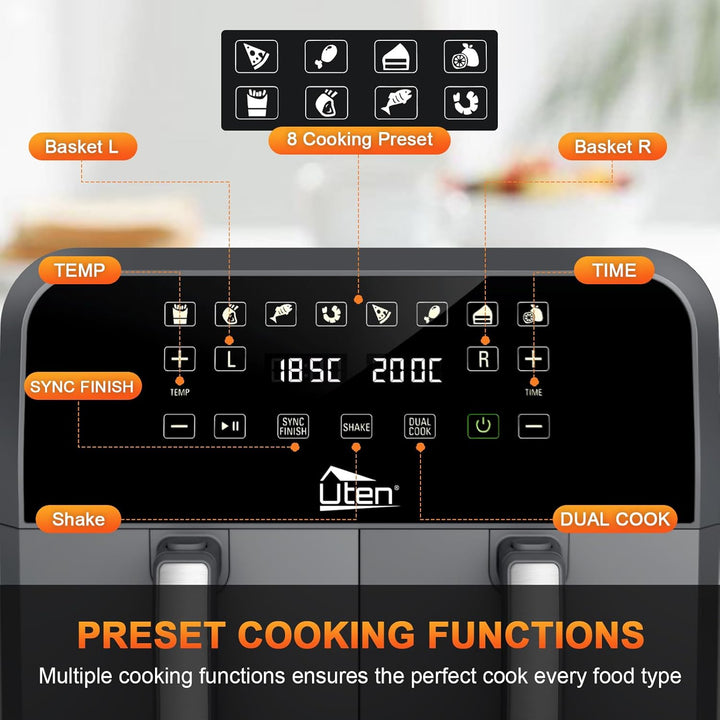 Uten Doppel Heissluftfritteuse, 8L Heissluftfritteuse Dual Zone, XXL Airfryer mit 2 Kammern, Silikon