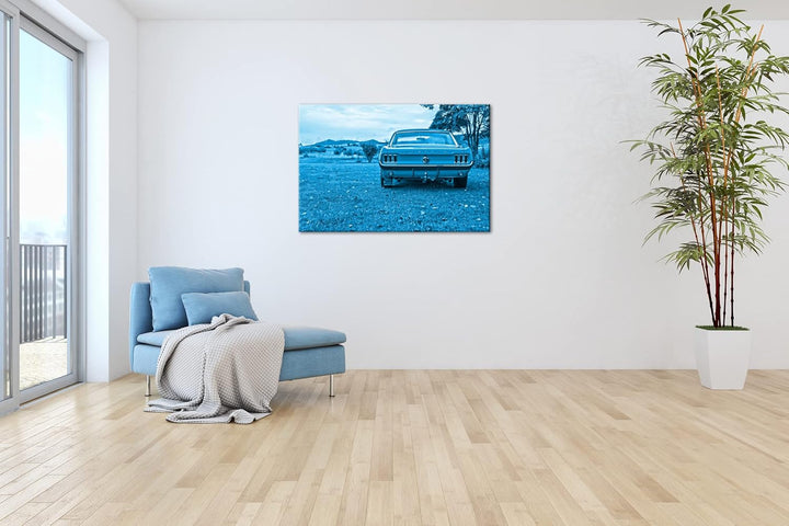 deyoli alter Mustang Format 100x70 Effekt: Monocrome Blau als Leinwandbild, Motiv fertig gerahmt auf