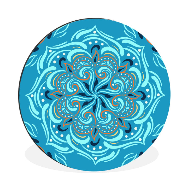 Wandbild Rund Wanddeko Deko Wohnzimmer Bilder 90x90 cm Mandala - Blau - Orange - Muster, 90x90 cm