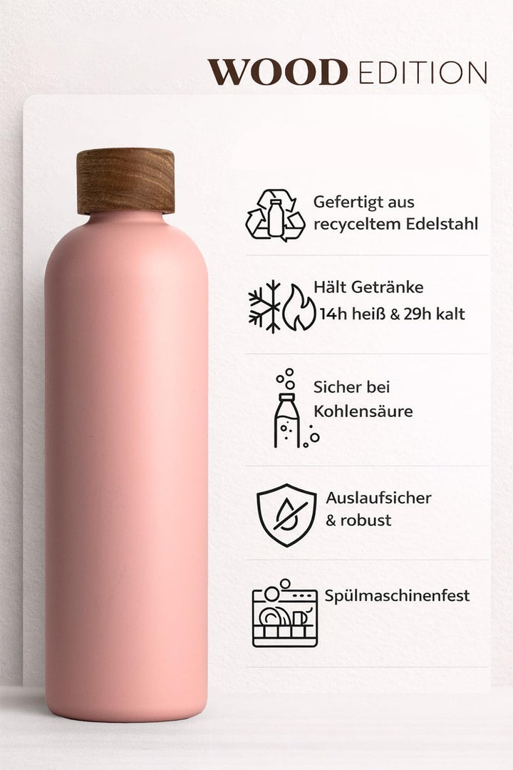 T&amp;N Edelstahl Trinkflasche 1 Liter, Thermosflasche 1l mit Akazienholz Deckel, Isolierte Wasserflasch