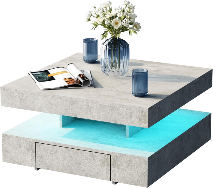 Couchtisch LED, Wohnzimmertisch mit 2 Schubladen für Wohnzimmer 78 x 78 x 40cm (Grau), Grau