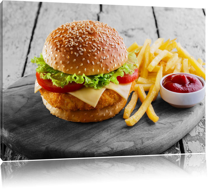 Pixxprint Chickenburger Pommes als Leinwandbild/Grösse: 100x70 cm/Wandbild/Kunstdruck/fertig bespann