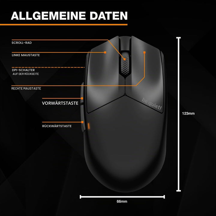 be quiet! Dark Perk Sym PC Maus, 55 g leicht, extrem Lange Akkulaufzeit, 8.000 Hz Abtastrate, PixArt