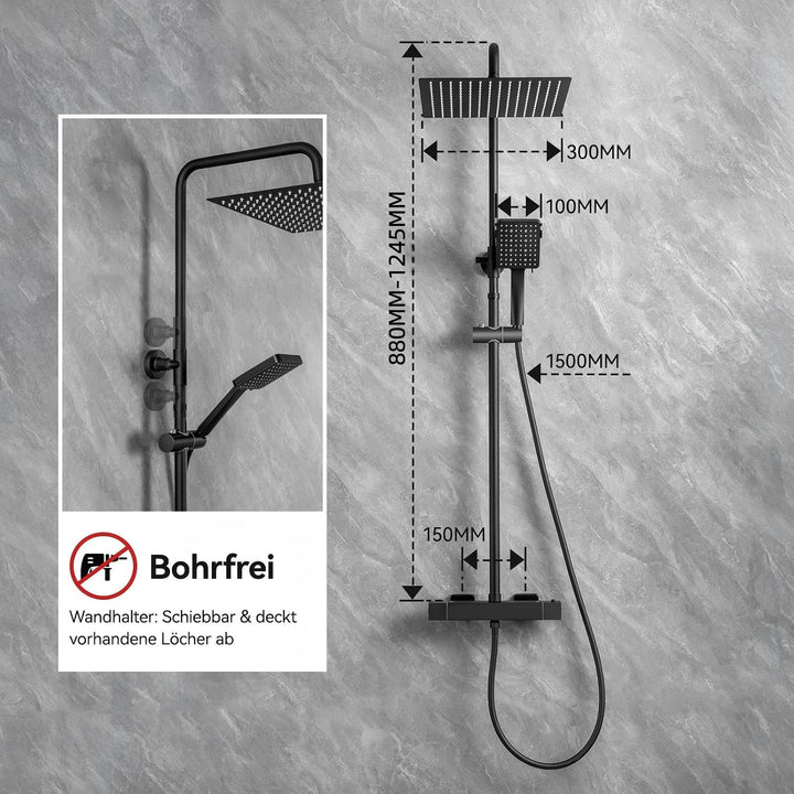 Auralum Thermostat Duschsystem Komplettset Schwarz mit 30cm Edelstahl Regendusche, 6 Strahlarten Han
