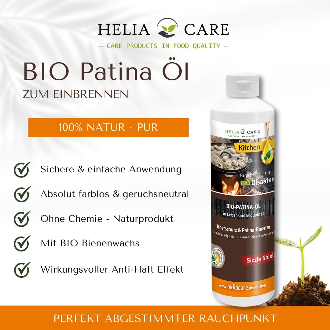 BIO Einbrenn‑ &amp; Patina Öl „Sizzle Shield“ - Nachhaltige Gussrost Pflege - Premium Dutch Oven Zubehör