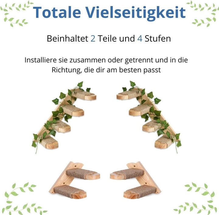 Katzentreppe - Katzenleiter Wandmontage aus Massivholz mit Juteseil und Dekorativen Blättern - Katze