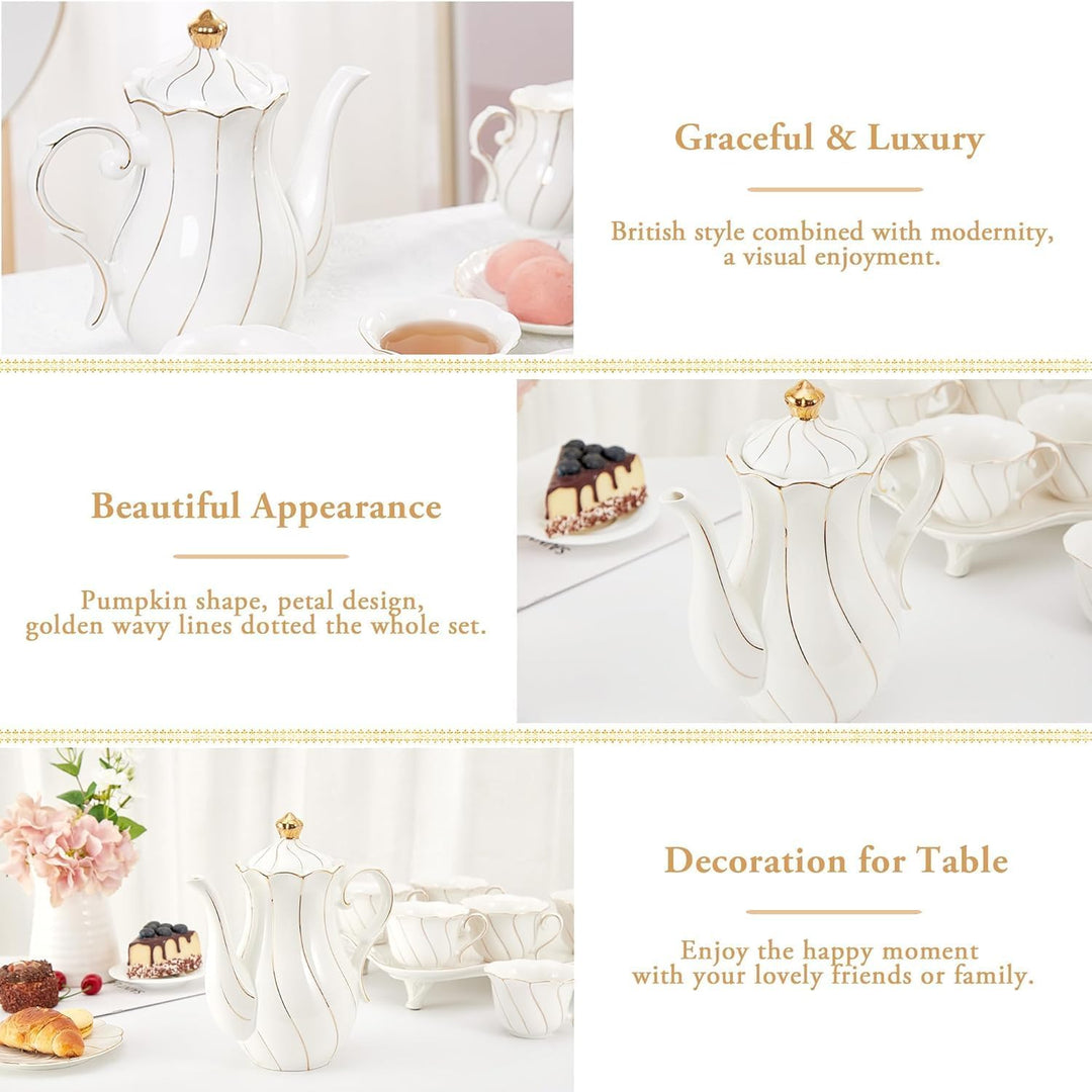 DUJUST Teekanne aus Porzellan im britischen Stil (1,2 l), luxuriöse Keramik-Teekanne mit goldenem Ra