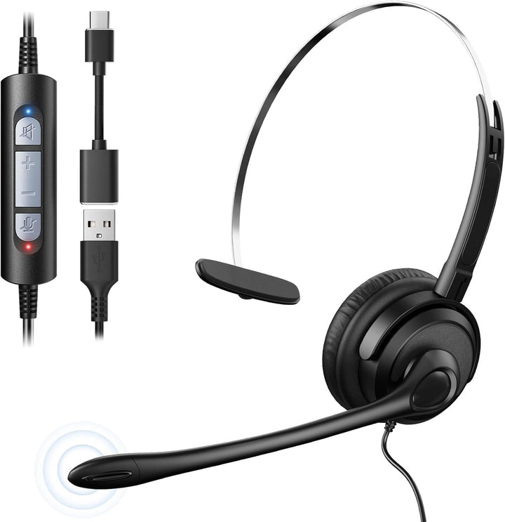 Voistek USB Headset mit Mikrofon für Laptop PC, Geräuschunterdrückung, USB-A/USB-C, Einseitiges Head