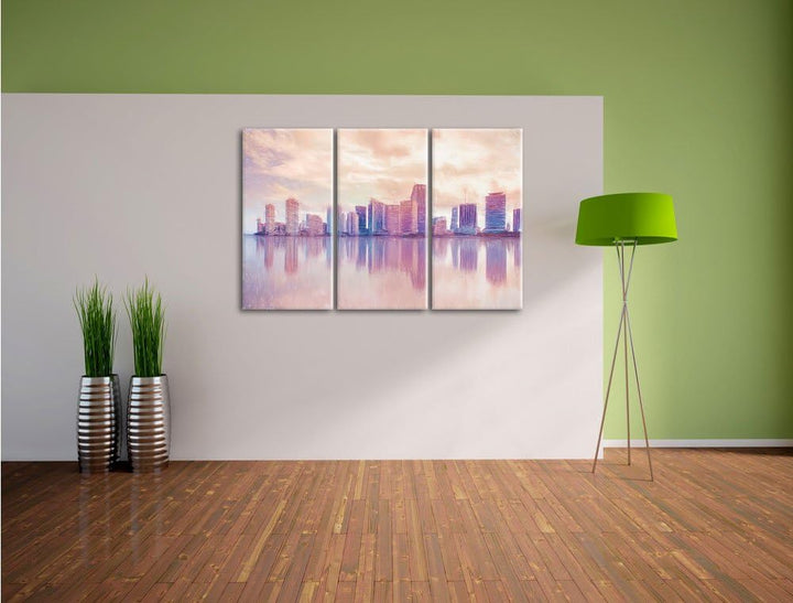 Pixxprint Miami Florida Skyline als Leinwandbild/Grösse: 3 Teilig (120x80 cm) cm/Wandbild/Kunstdruck